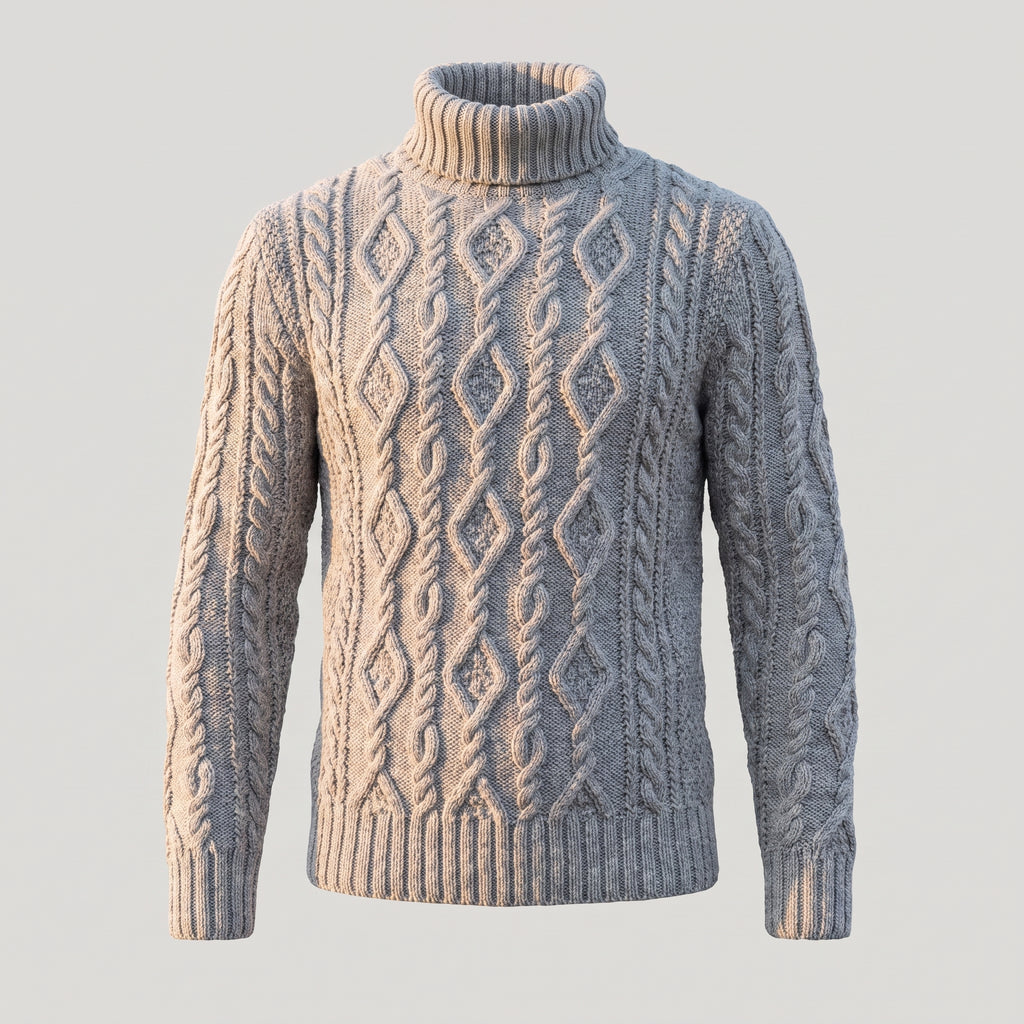 Pull col roulé seul, torsades et col replié visibles