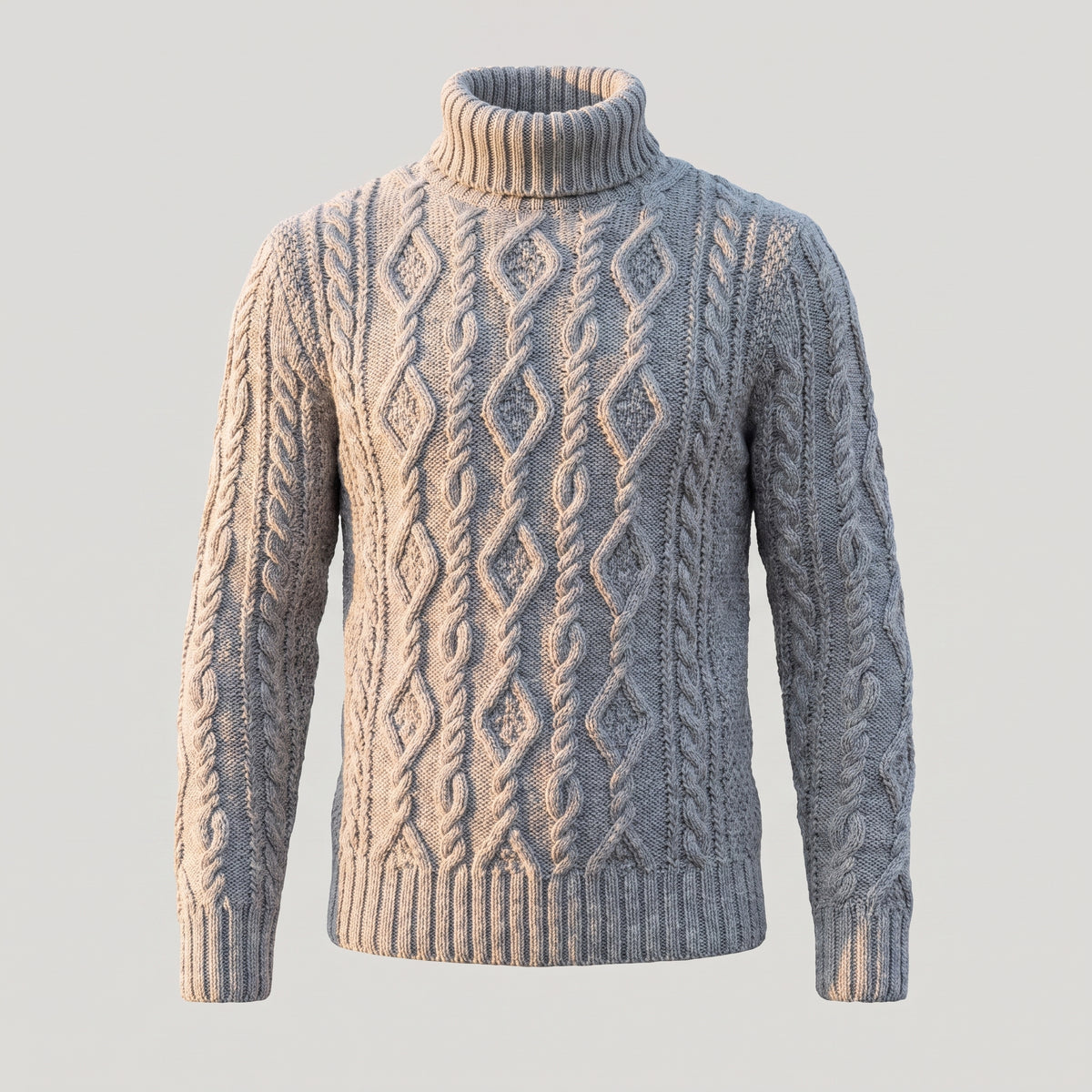 Pull col roulé seul, torsades et col replié visibles