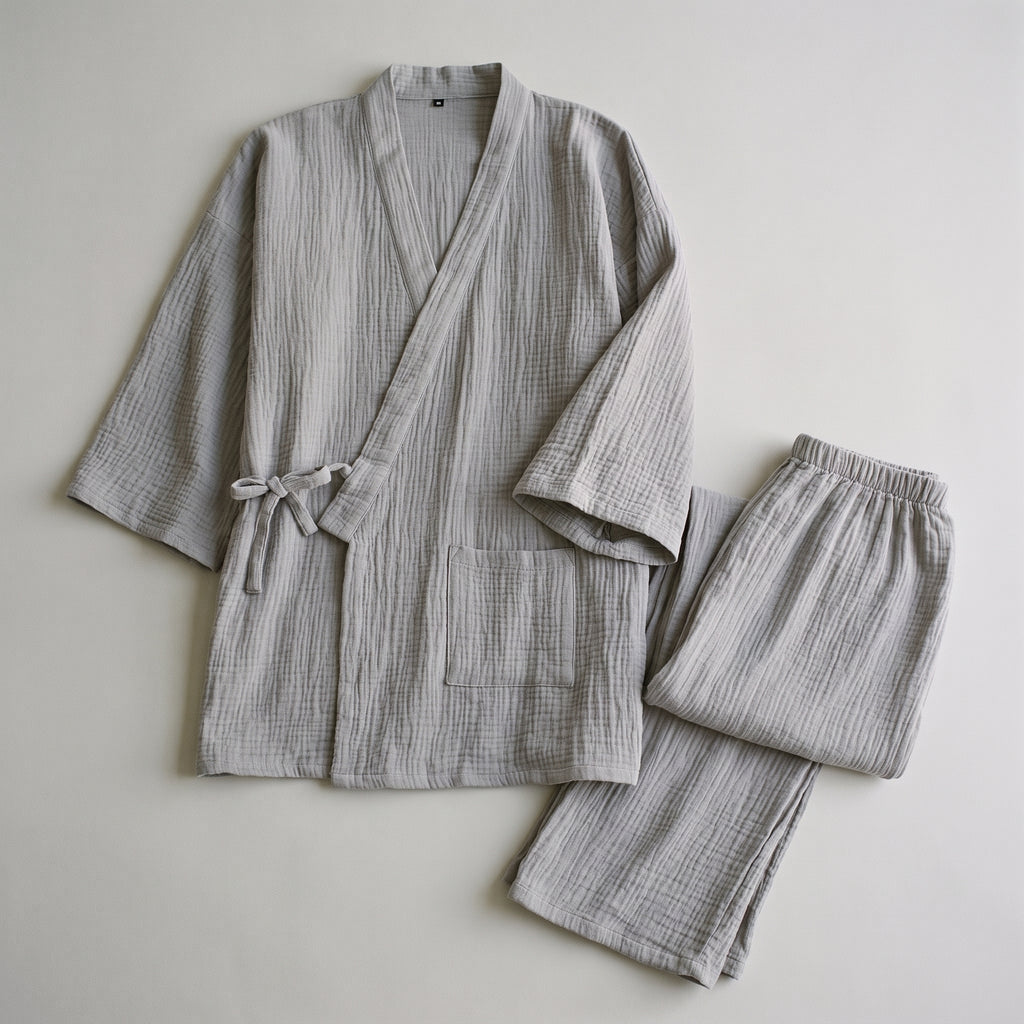 Ensemble kimono à plat, poche plaquée et ceinture visibles