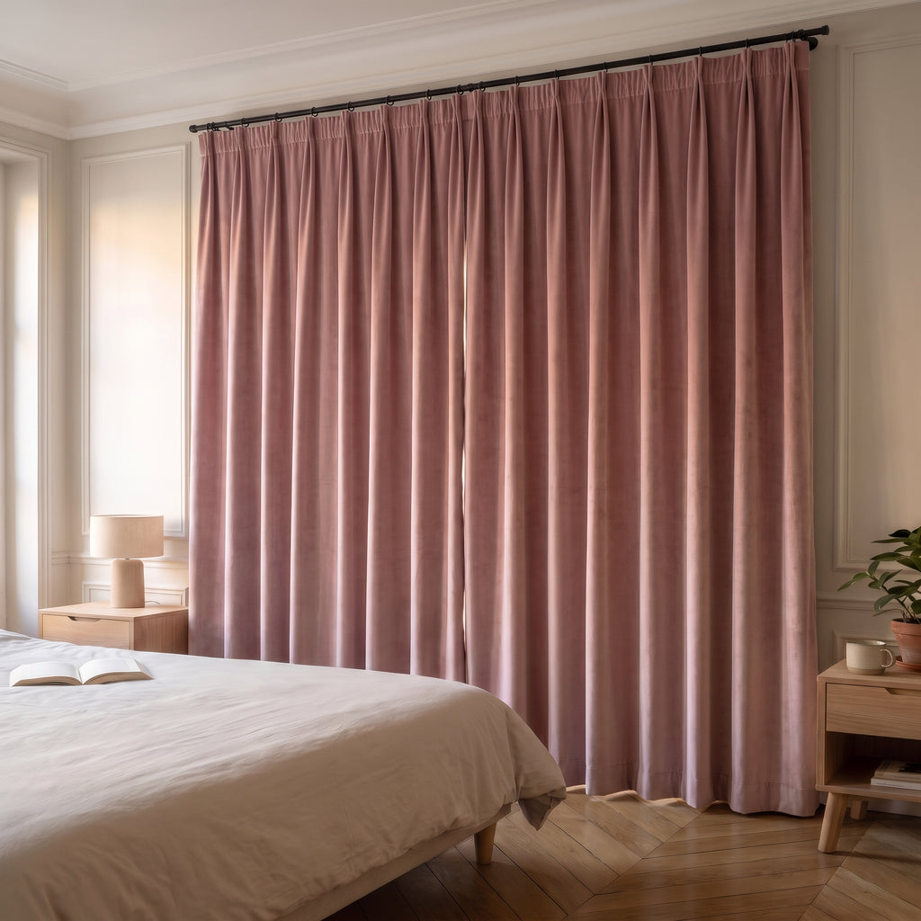 Rideau en velours vieux rose tiré devant la fenêtre d'une chambre