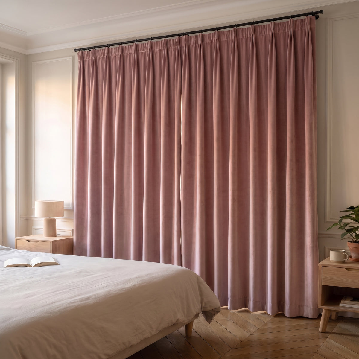 Rideau en velours vieux rose tiré devant la fenêtre d'une chambre