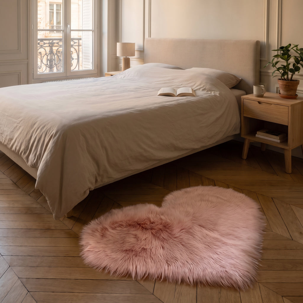 Petit tapis cœur rose pâle posé au pied du lit