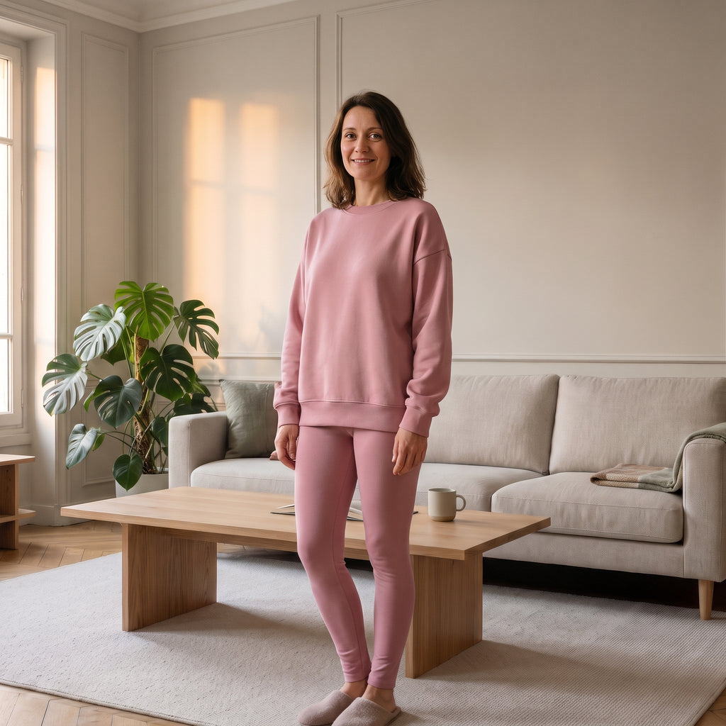 Ensemble sweat oversize et legging rose poudré porté à la maison
