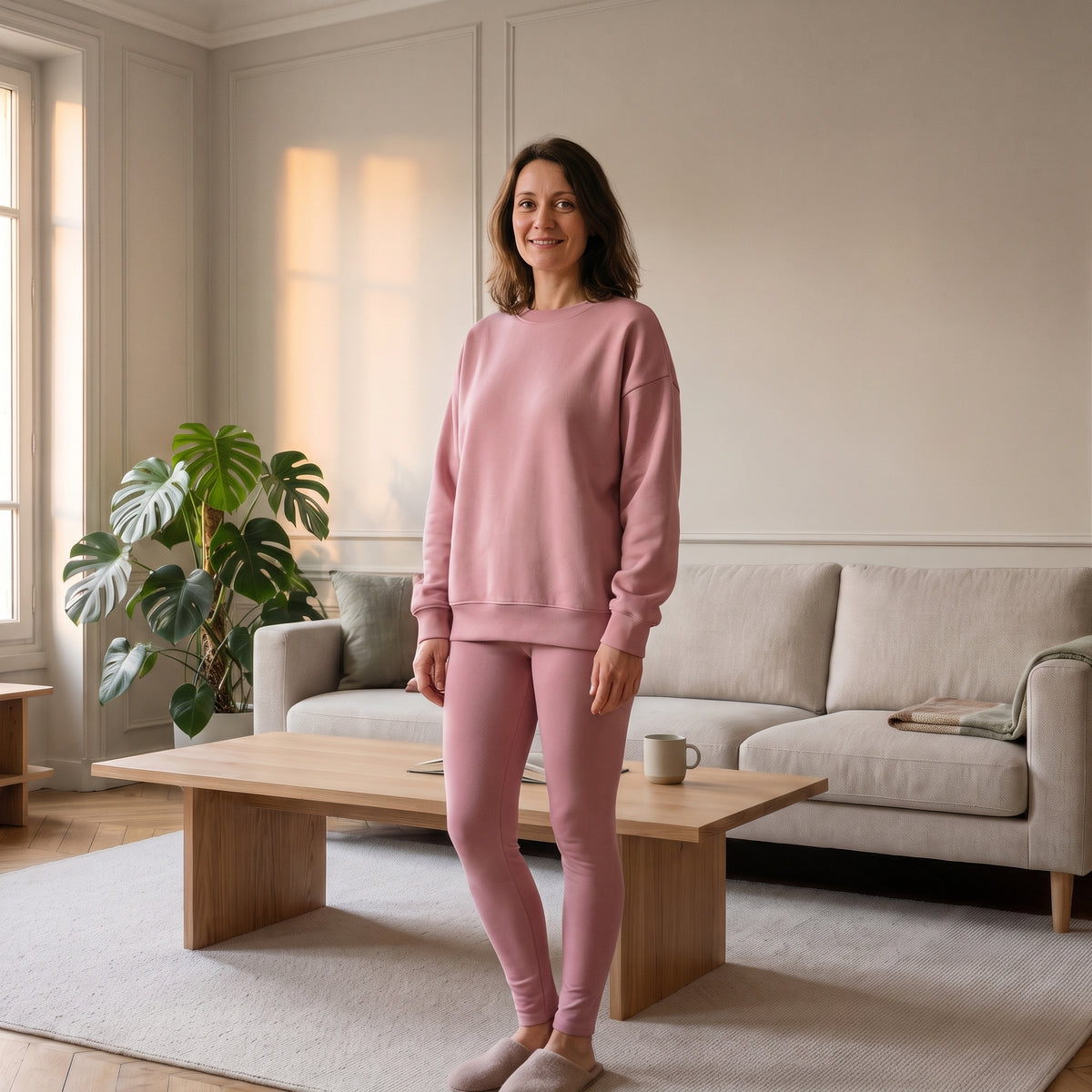 Ensemble sweat oversize et legging rose poudré porté à la maison