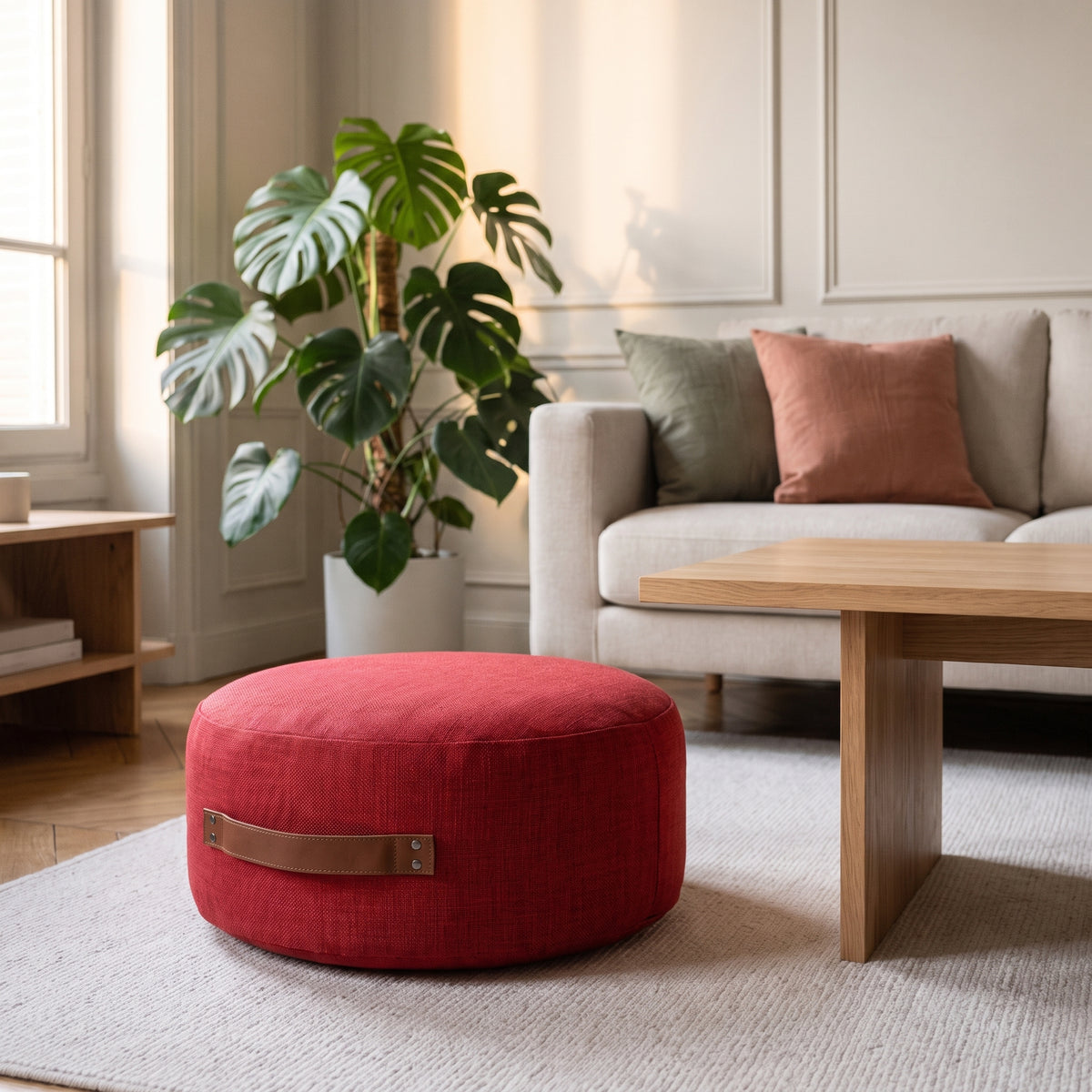Pouf de sol rond rouge posé sur le tapis du salon, poignée visible