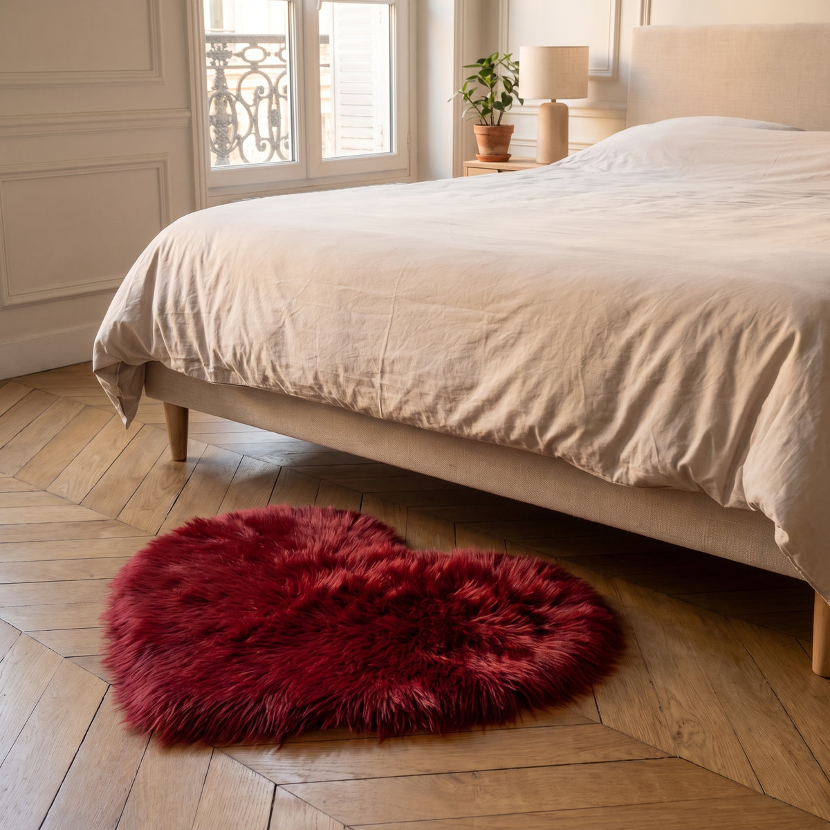 Petit tapis cœur rouge profond posé au pied du lit