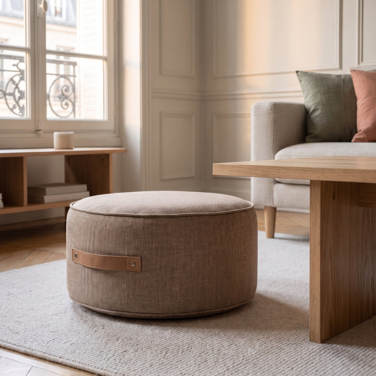 Pouf de sol rond taupe posé sur le tapis du salon, poignée visible