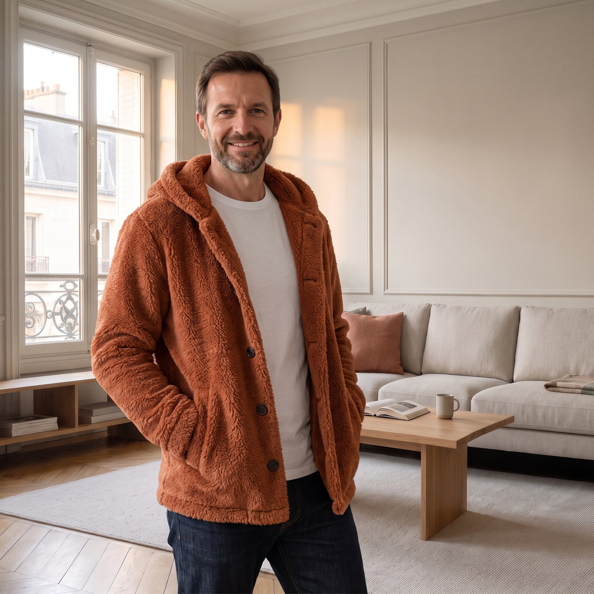 Veste à capuche en peluche terracotta portée ouverte sur un tee-shirt blanc