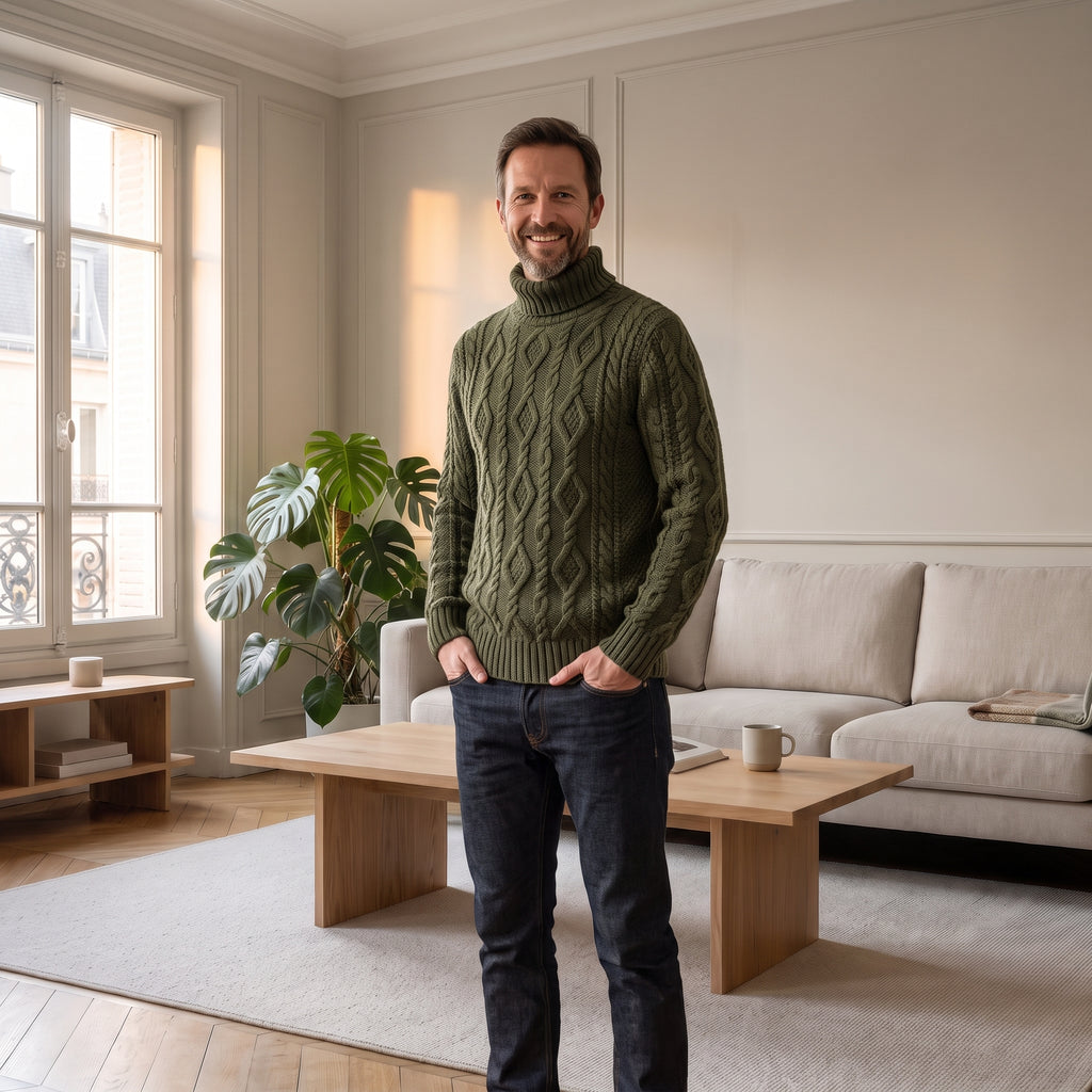 Pull col roulé homme en maille torsadée vert kaki, porté sur un jean