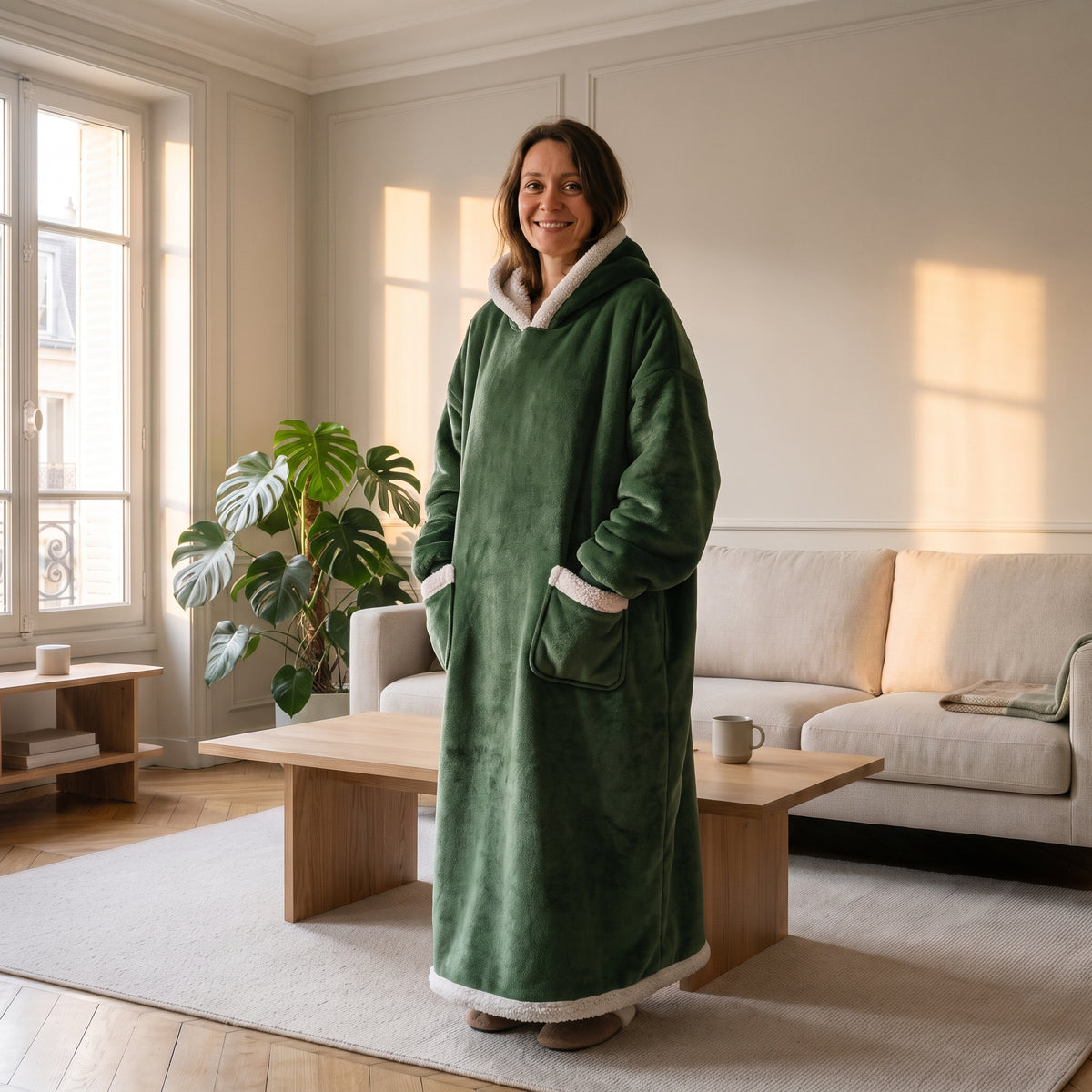 Plaid à manches long vert sapin porté debout, ourlet aux chevilles