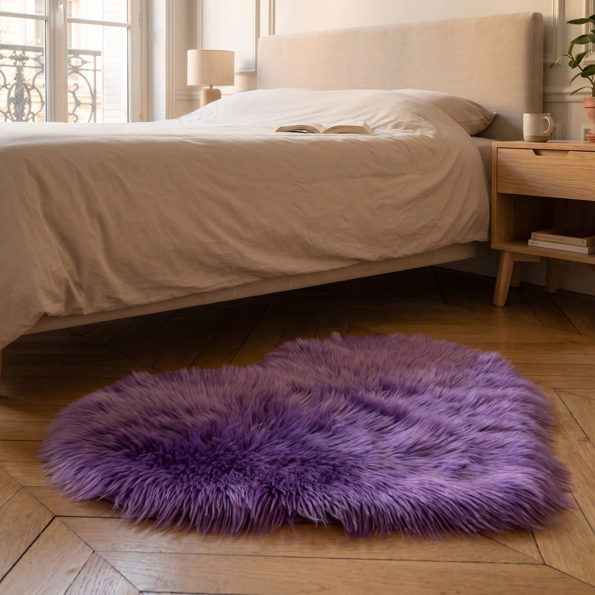 Petit tapis cœur violet posé au pied du lit