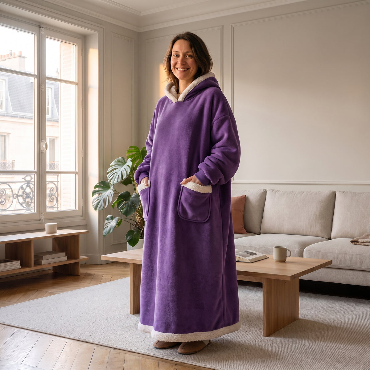Plaid à manches long violet porté debout, ourlet aux chevilles