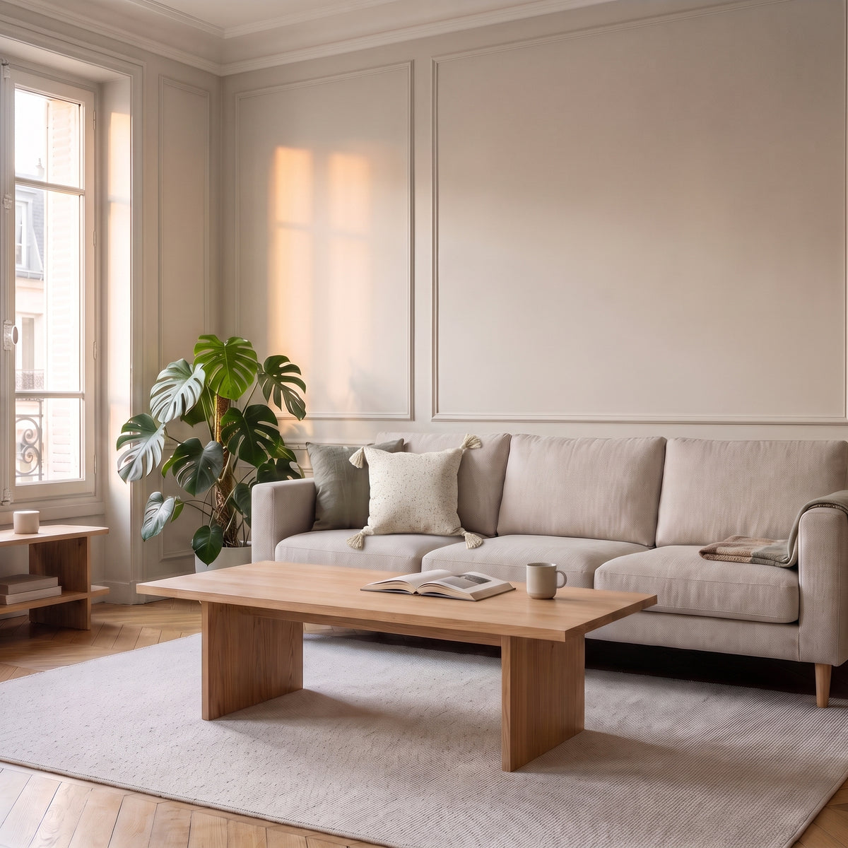 Housse de coussin en coton et chanvre blanc cassé, posée naturellement sur le canapé
