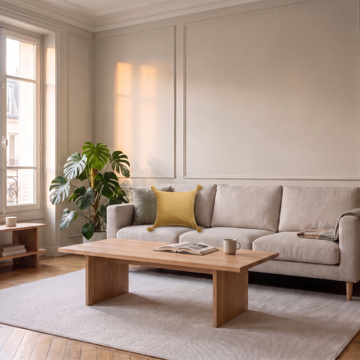 Housse de coussin en coton et chanvre jaune ocre, posée naturellement sur le canapé