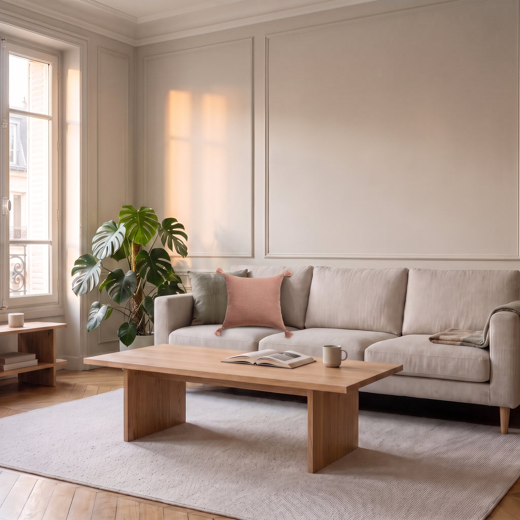 Housse de coussin en coton et chanvre rose terracotta, posée naturellement sur le canapé
