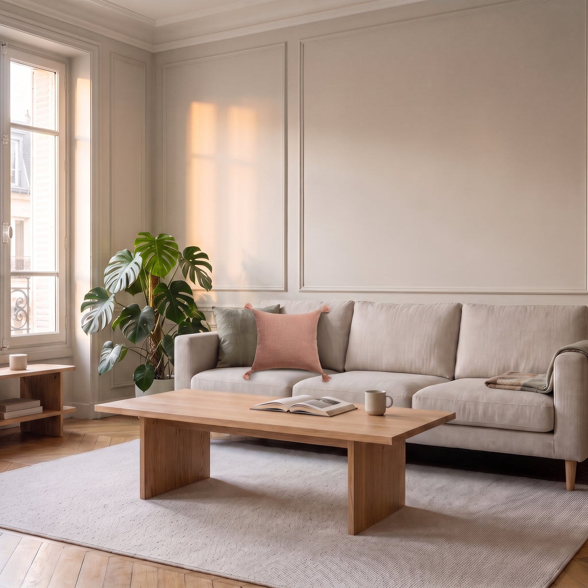 Housse de coussin en coton et chanvre rose terracotta, posée naturellement sur le canapé