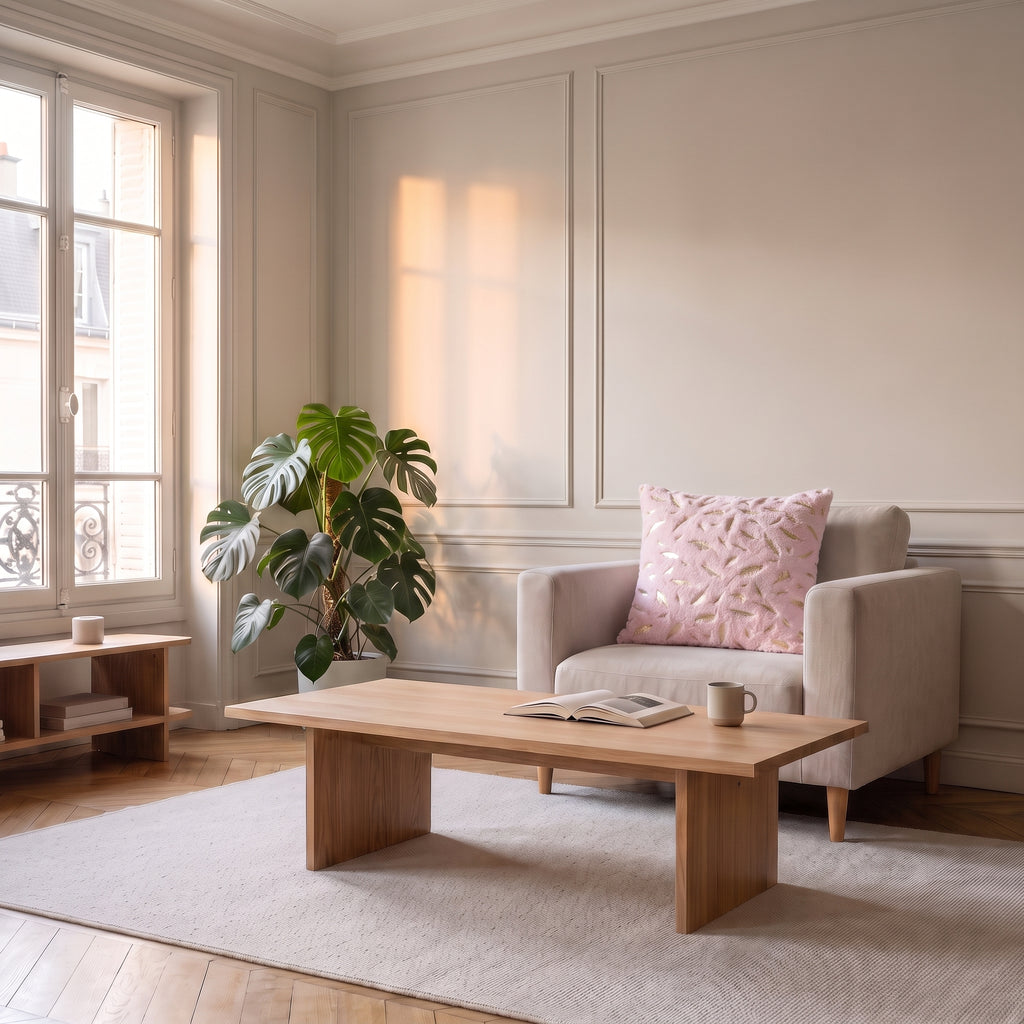 Housse de coussin en velours rose pâle à plumes dorées, posée naturellement sur le canapé