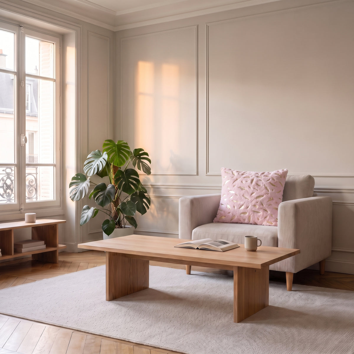 Housse de coussin en velours rose pâle à plumes dorées, posée naturellement sur le canapé
