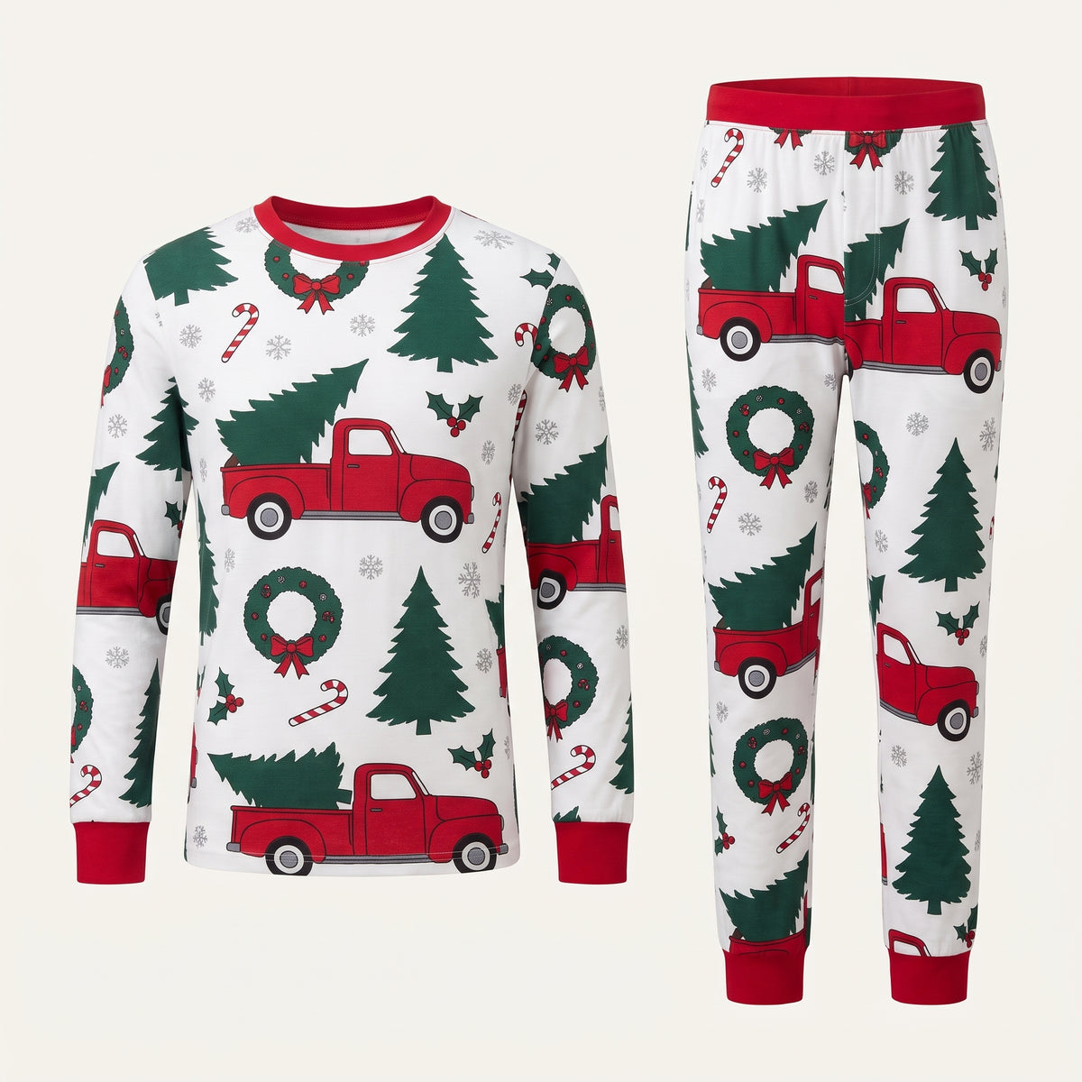 Format homme du pyjama de Noël sapins et voitures sur fond blanc cassé
