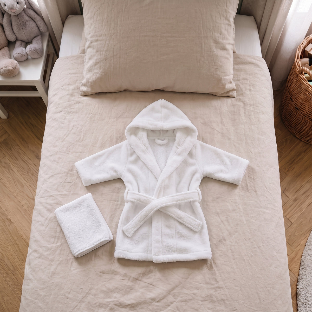 Peignoir de bain bebe blanc a capuche et sa serviette, a plat sur le lit