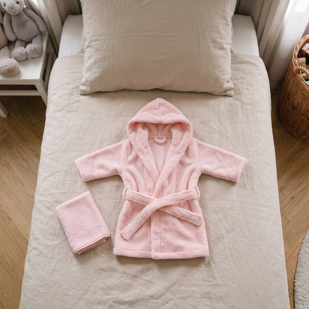 Peignoir de bain bebe rose a capuche et sa serviette, a plat sur le lit