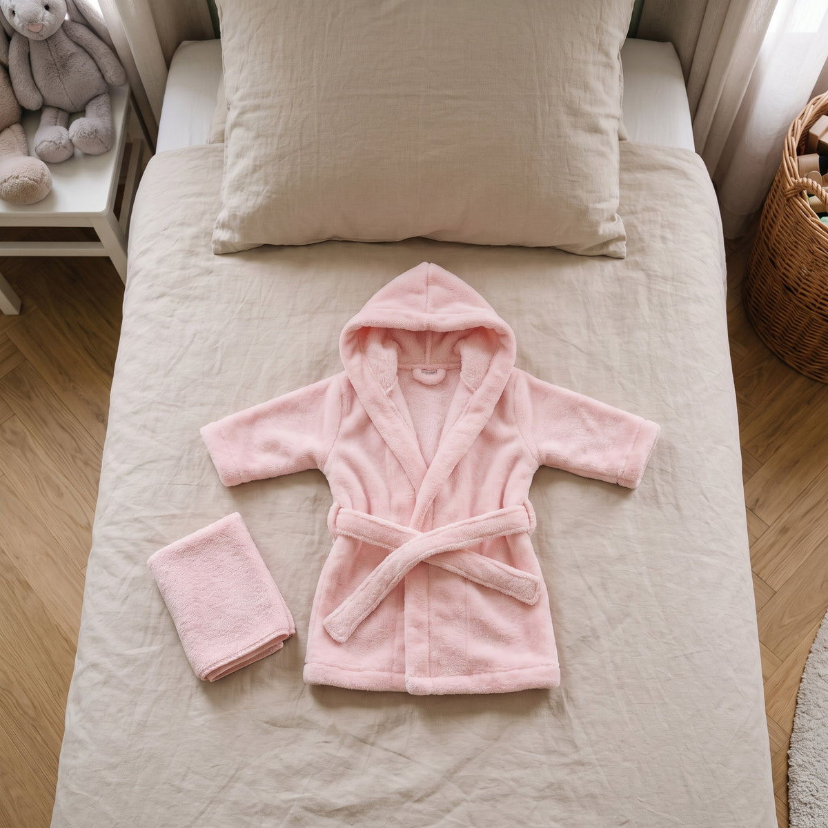 Peignoir de bain bebe rose a capuche et sa serviette, a plat sur le lit