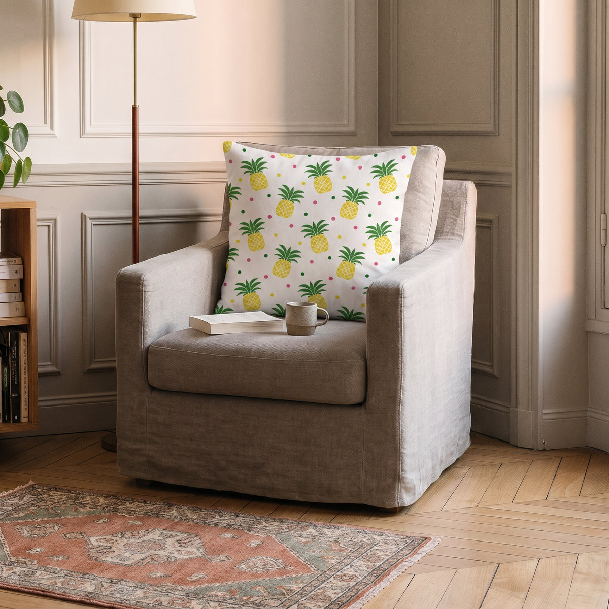 Housse de coussin Ananas colorés dans un intérieur Moment Cocooning