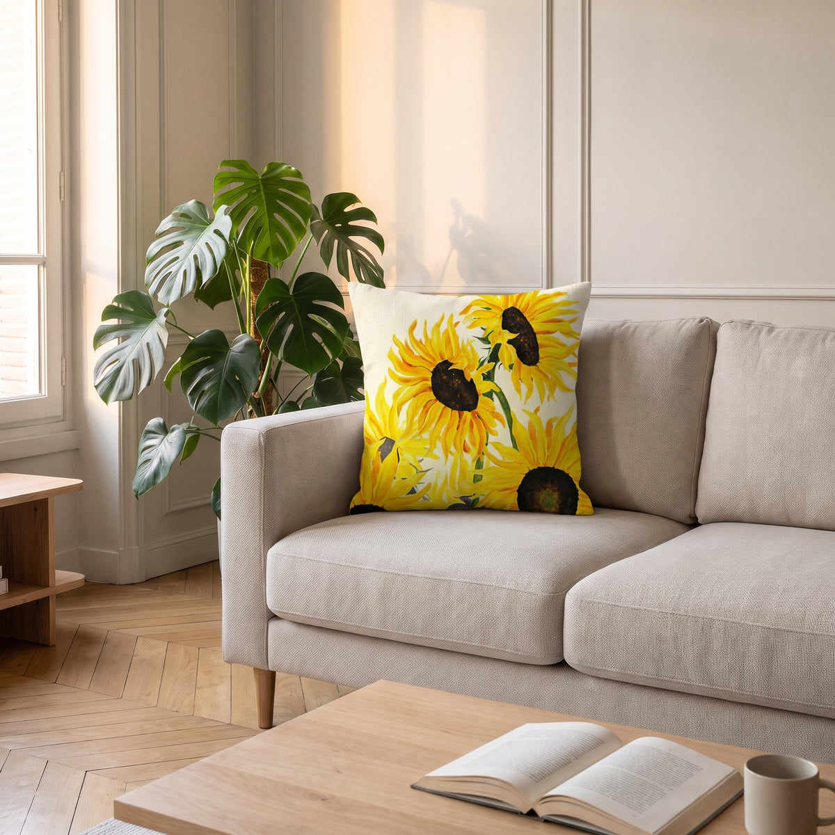 Housse de coussin Tournesols dans un intérieur Moment Cocooning