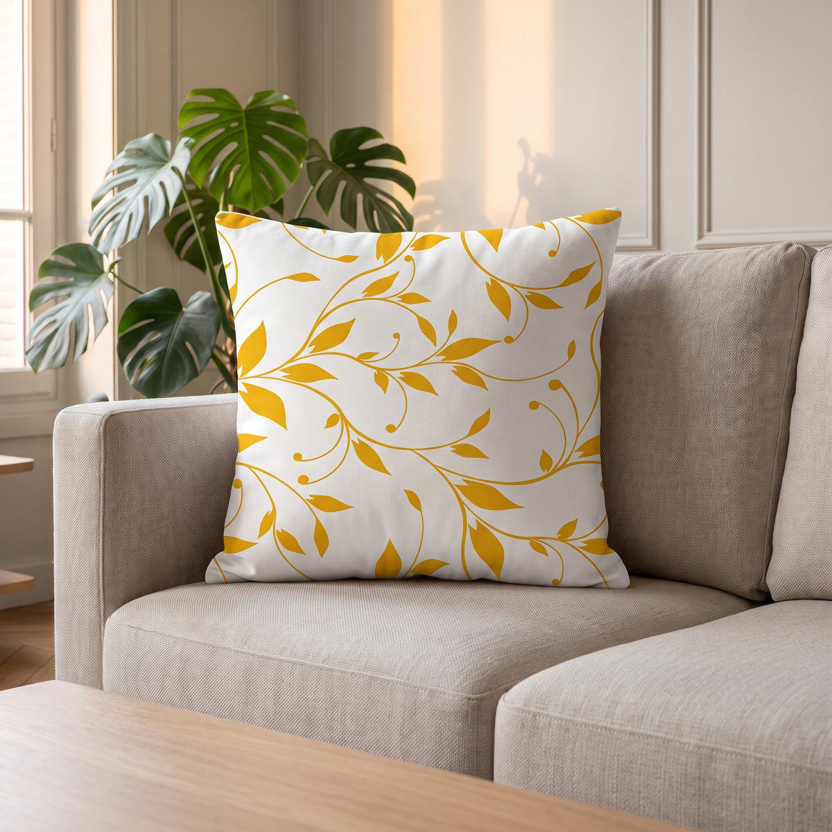 Housse de coussin Feuillage doré dans un intérieur Moment Cocooning