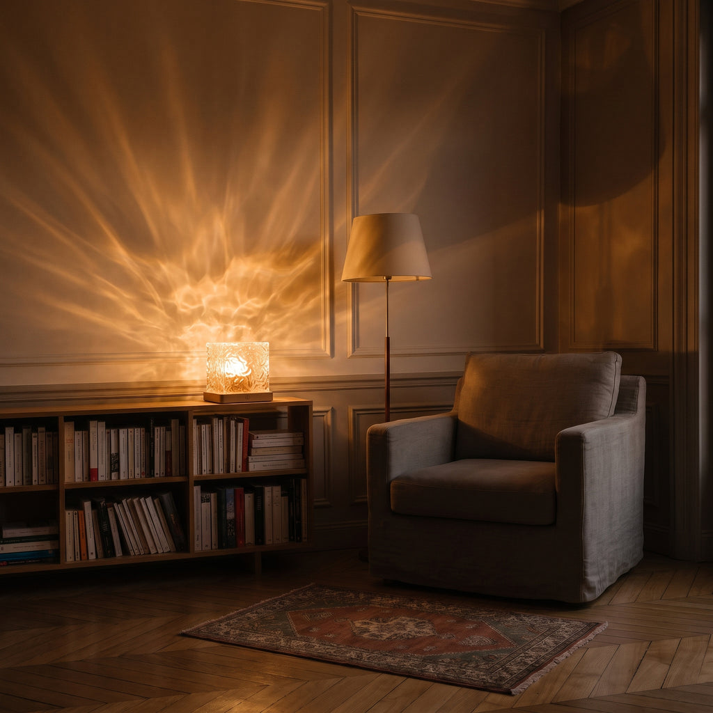 Veilleuse cube allumée en ambre sur une bibliothèque basse, reflets d'eau sur le mur du coin lecture