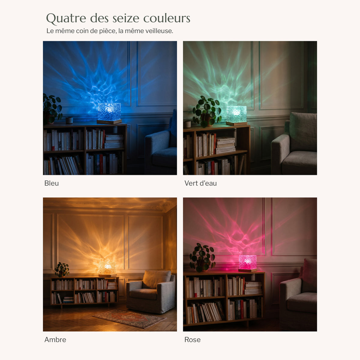 Quatre des seize couleurs de la veilleuse, allumées au même endroit du coin lecture