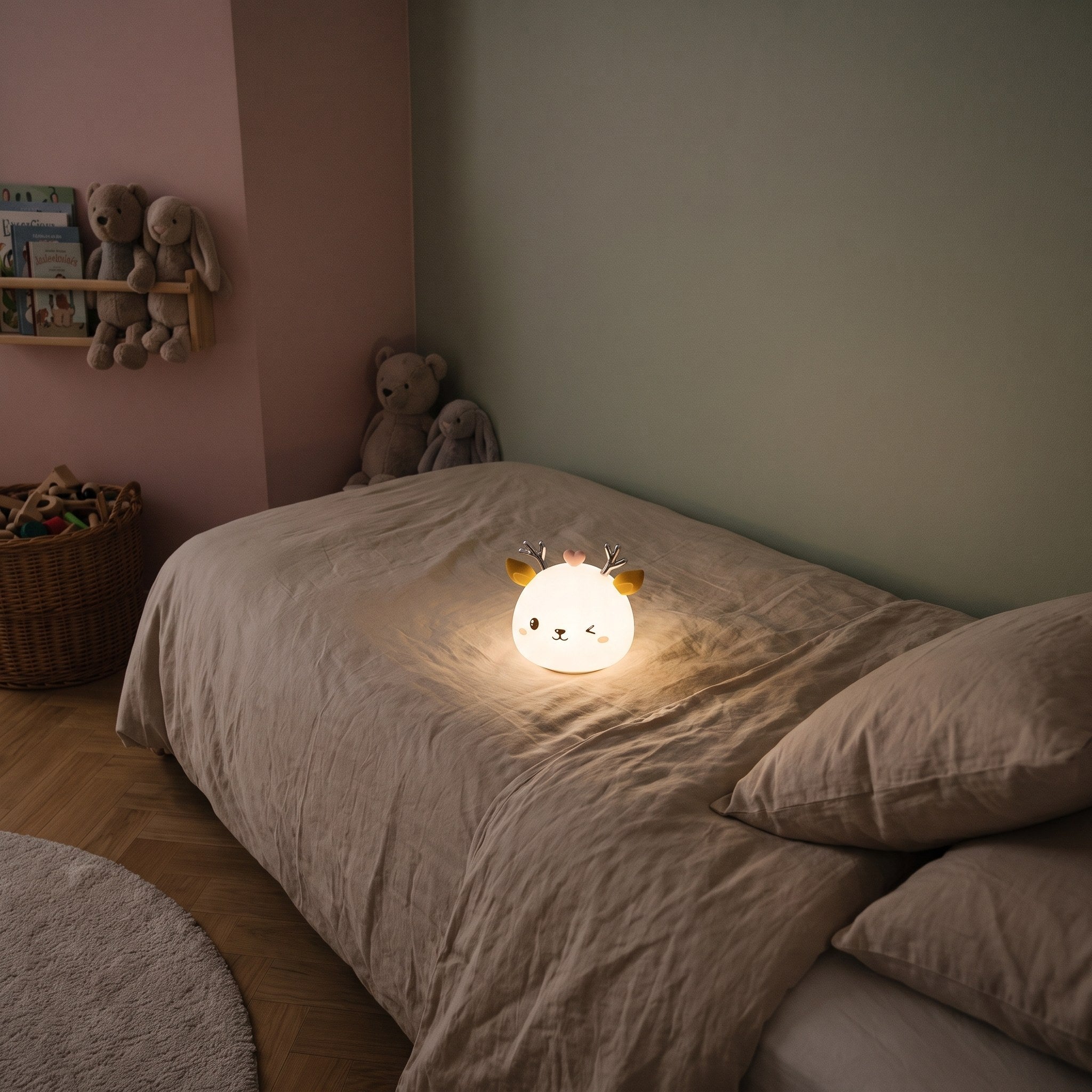 Veilleuse cerf allumée posée au creux de la couette d'un lit d'enfant Image