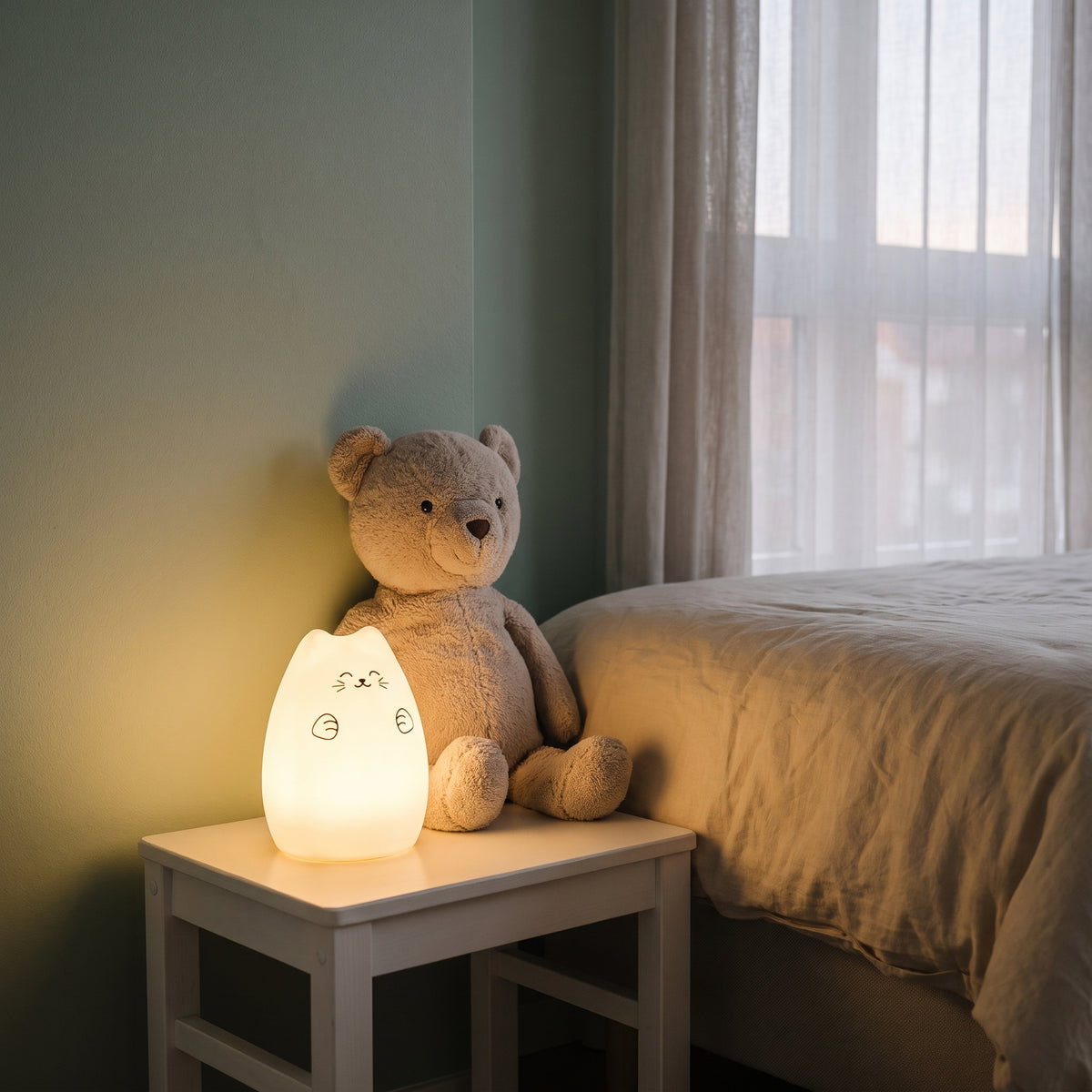 Veilleuse chat taille M au visage heureux, allumée en blanc chaud sur le tabouret de chevet à côté du lit