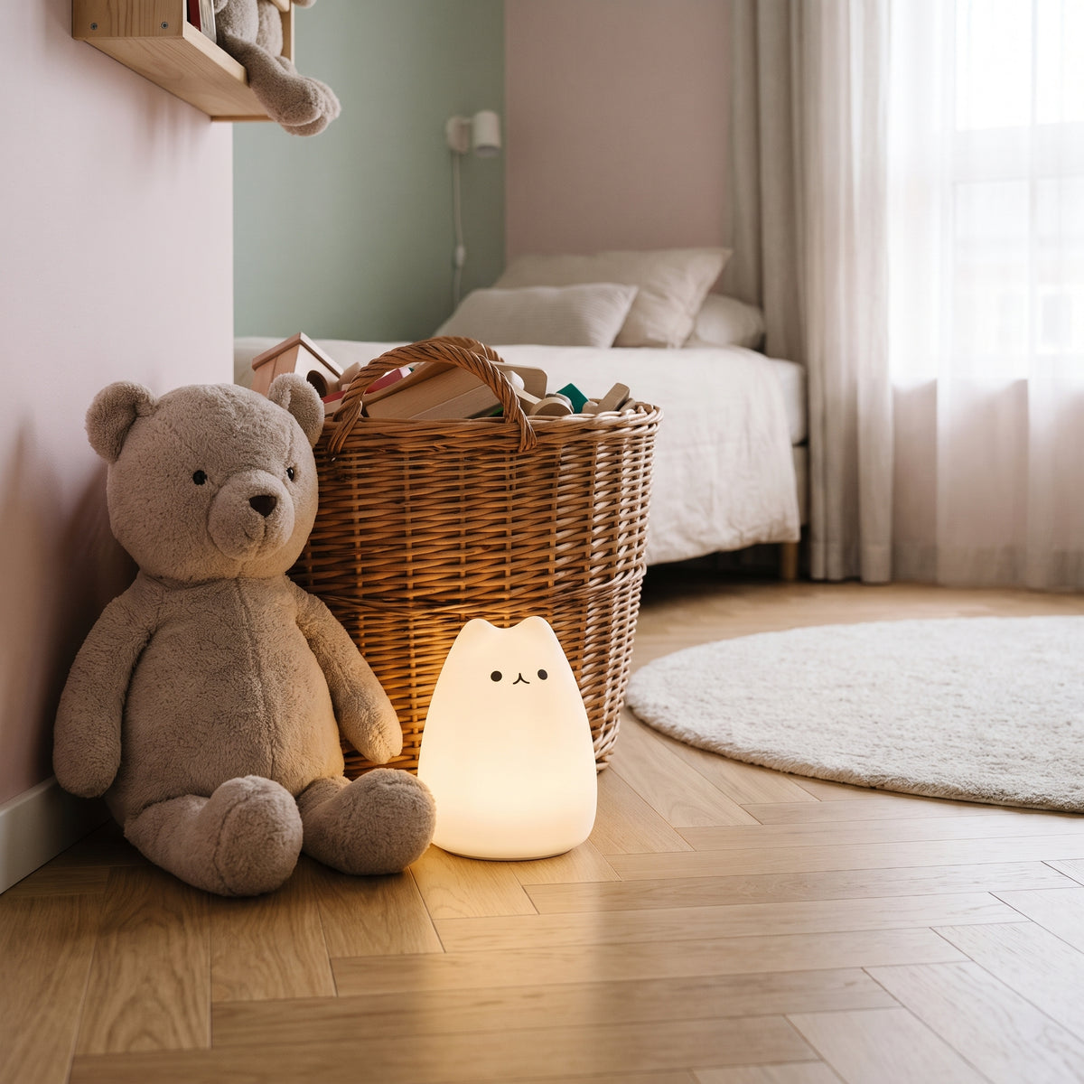 Veilleuse chat taille S au visage content, allumée sur le parquet contre le panier de jouets en bois