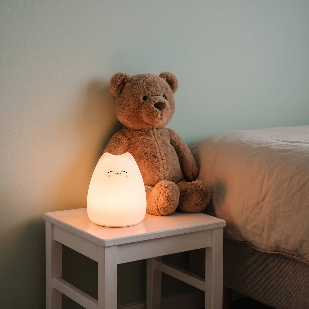 Veilleuse chat taille S au visage heureux, allumée sur le tabouret de chevet devant un ourson en peluche