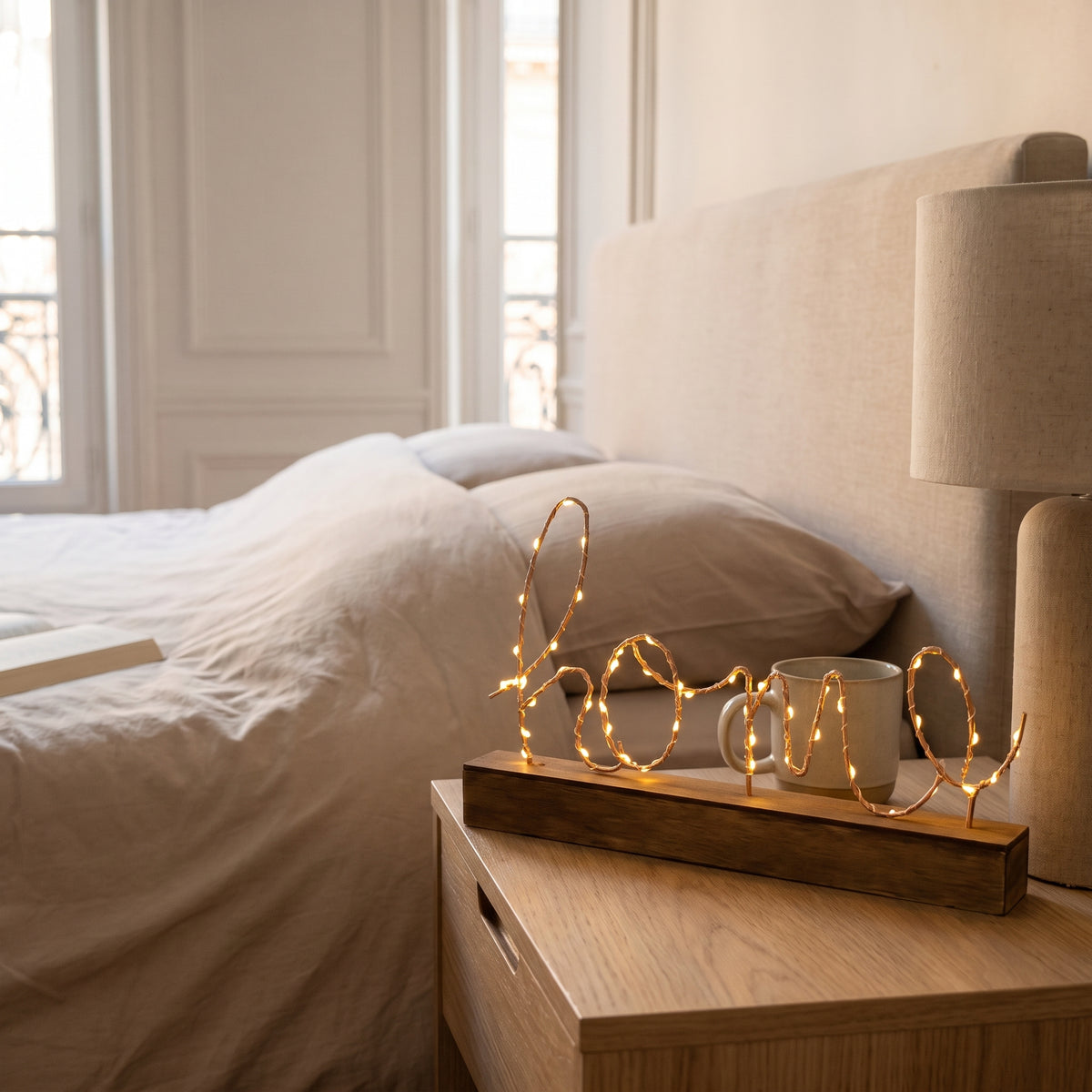 Veilleuse LED Home au fil métallique fin sur une table de chevet