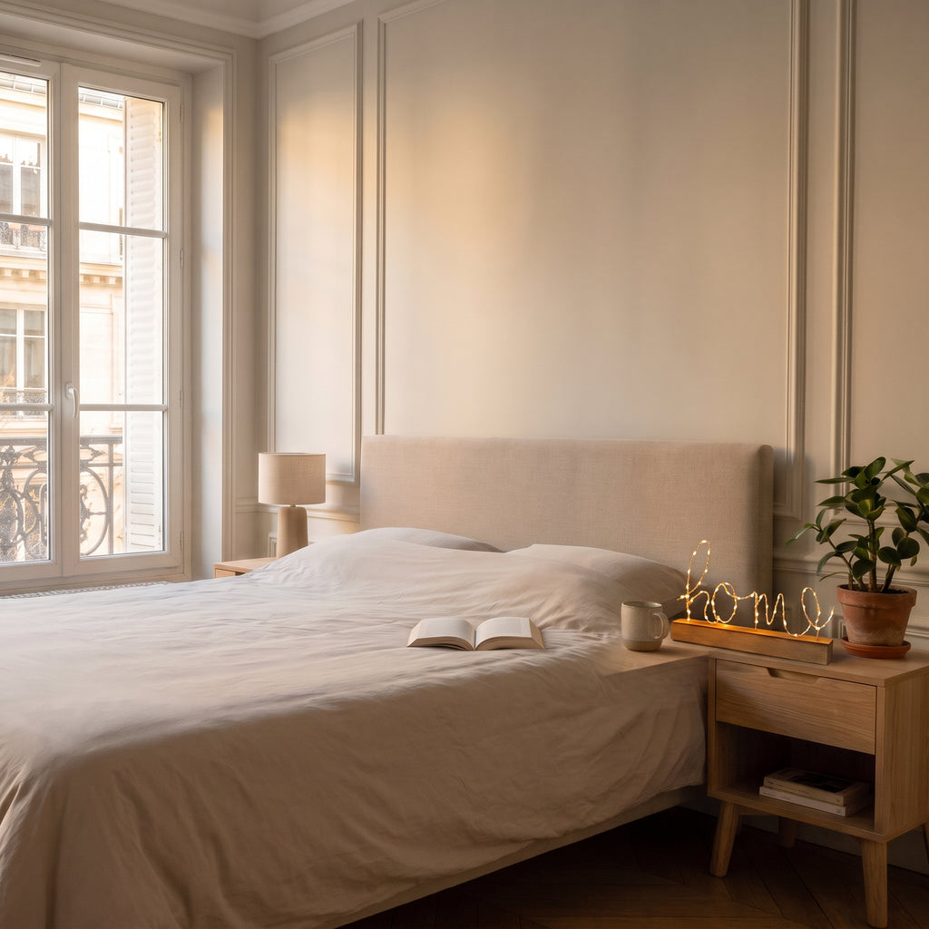 Veilleuse Home au fil métallique fin près du lit