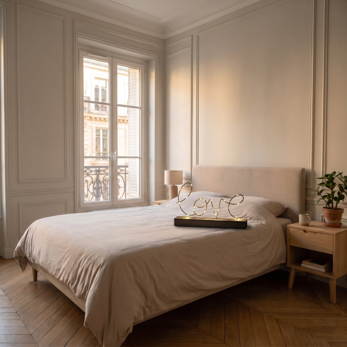 Veilleuse Love au fil métallique fin dans une chambre claire