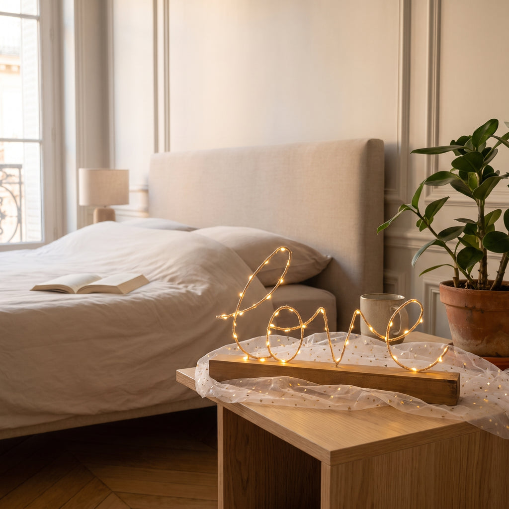 Veilleuse LED Love au fil métallique fin sur une table de chevet