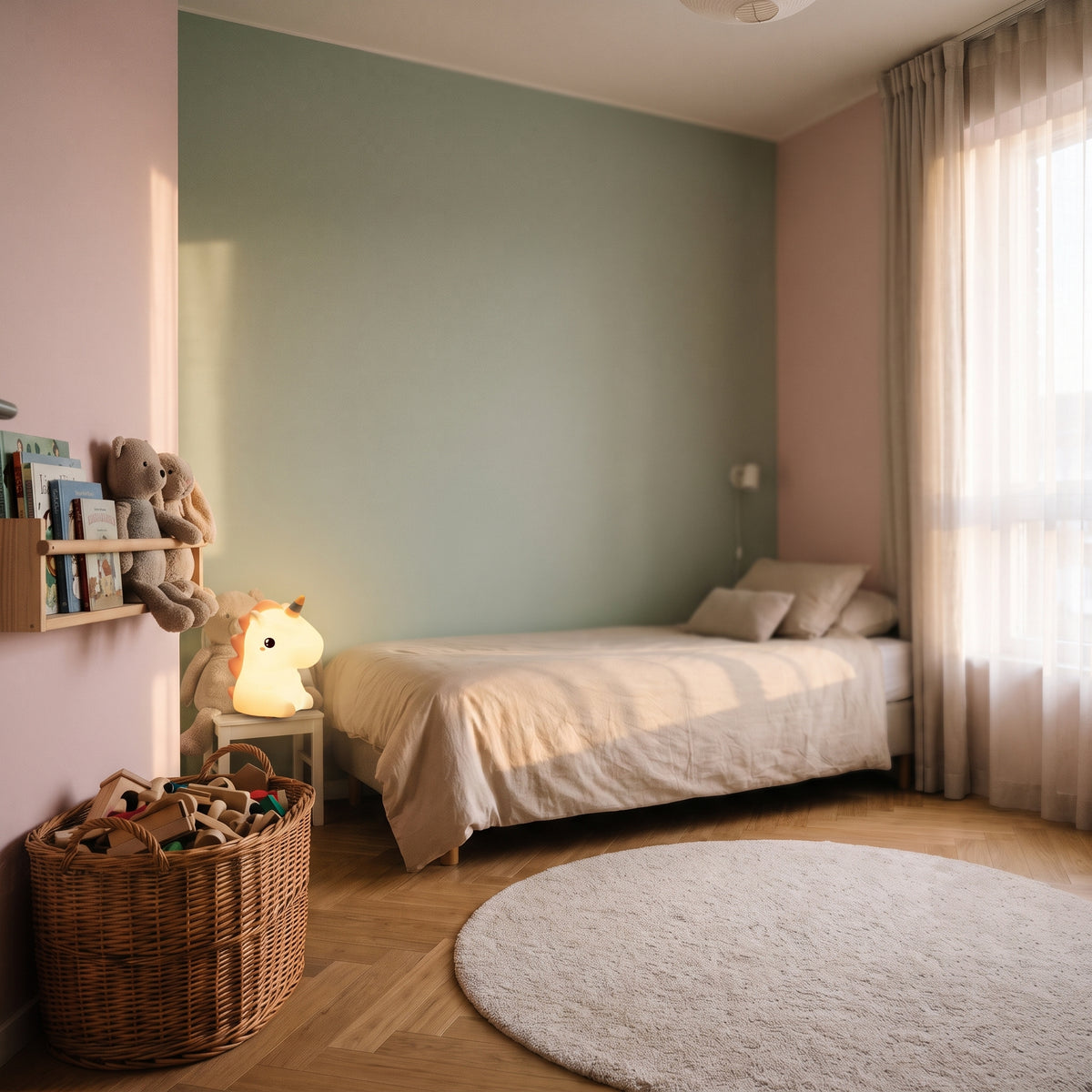 Veilleuse licorne en silicone allumée sur la table de chevet d'une chambre d'enfant, le soir Image