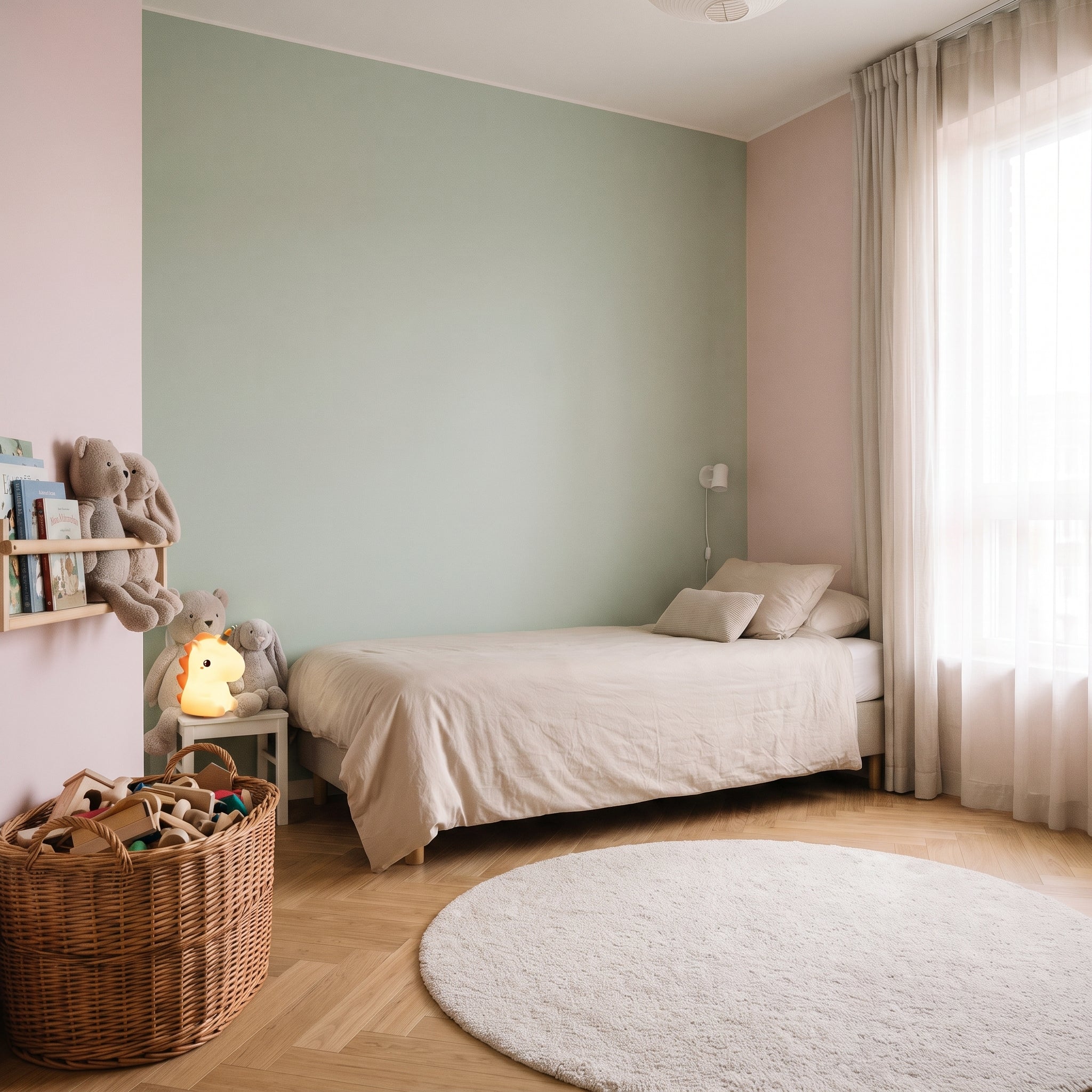 La chambre d'enfant entière, la veilleuse licorne posée sur la table de chevet à sa taille réelle Image