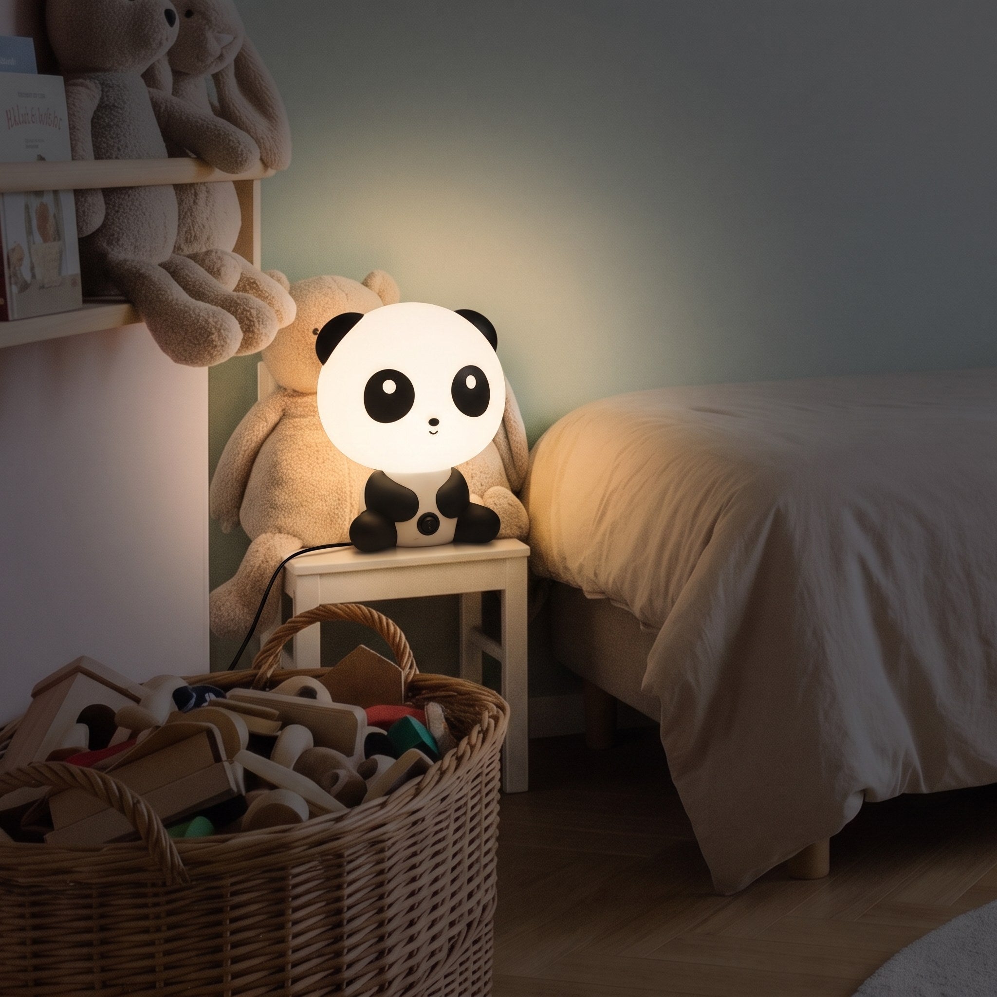 Veilleuse panda allumée, sa tête ronde éclaire le mur de la chambre Image