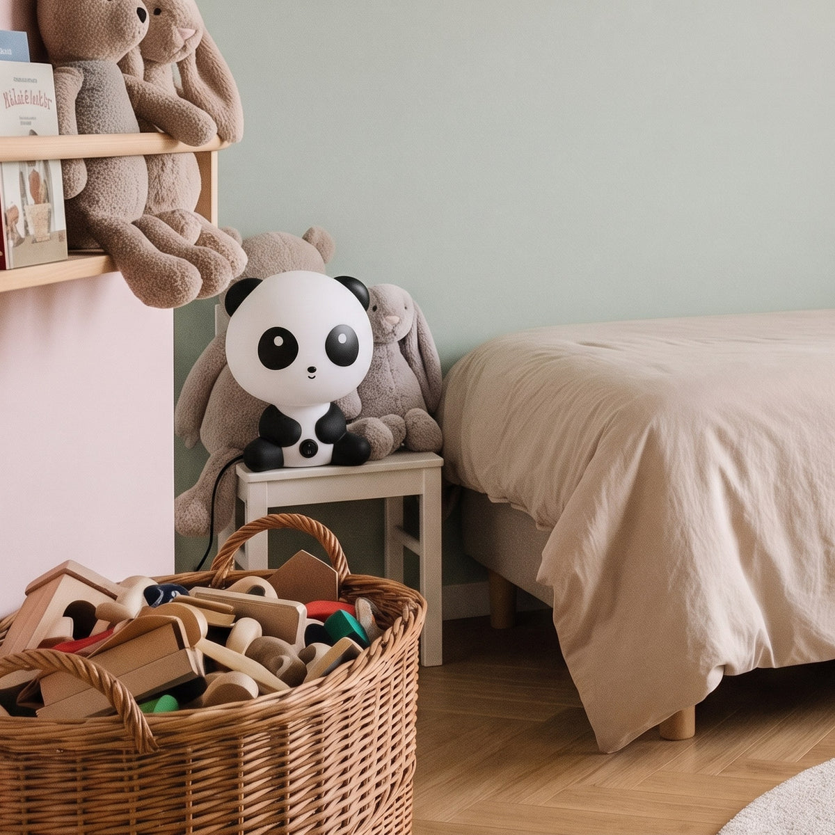 Veilleuse panda assise entre deux peluches sur un tabouret Image