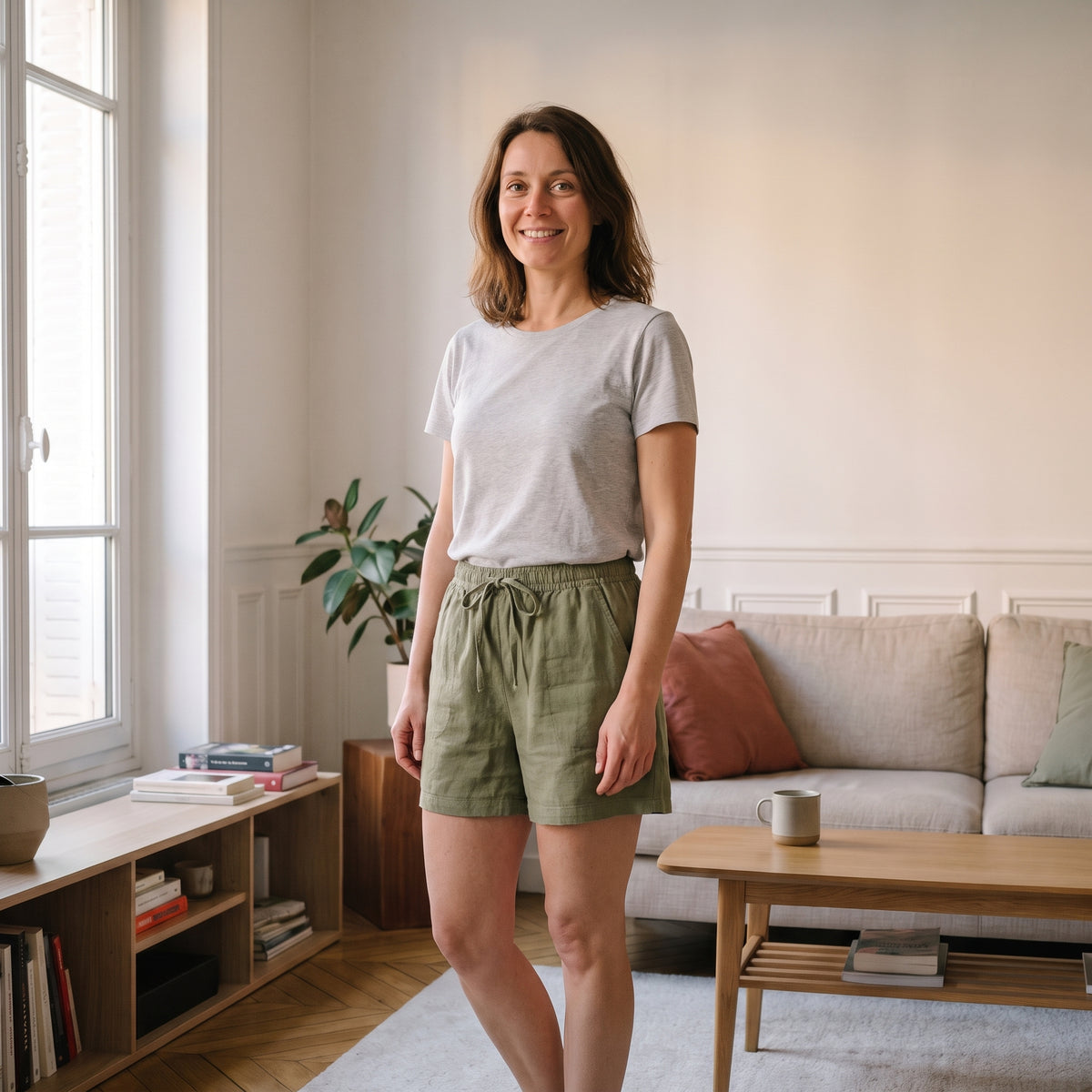 Short femme en coton et lin vert porté dans un salon