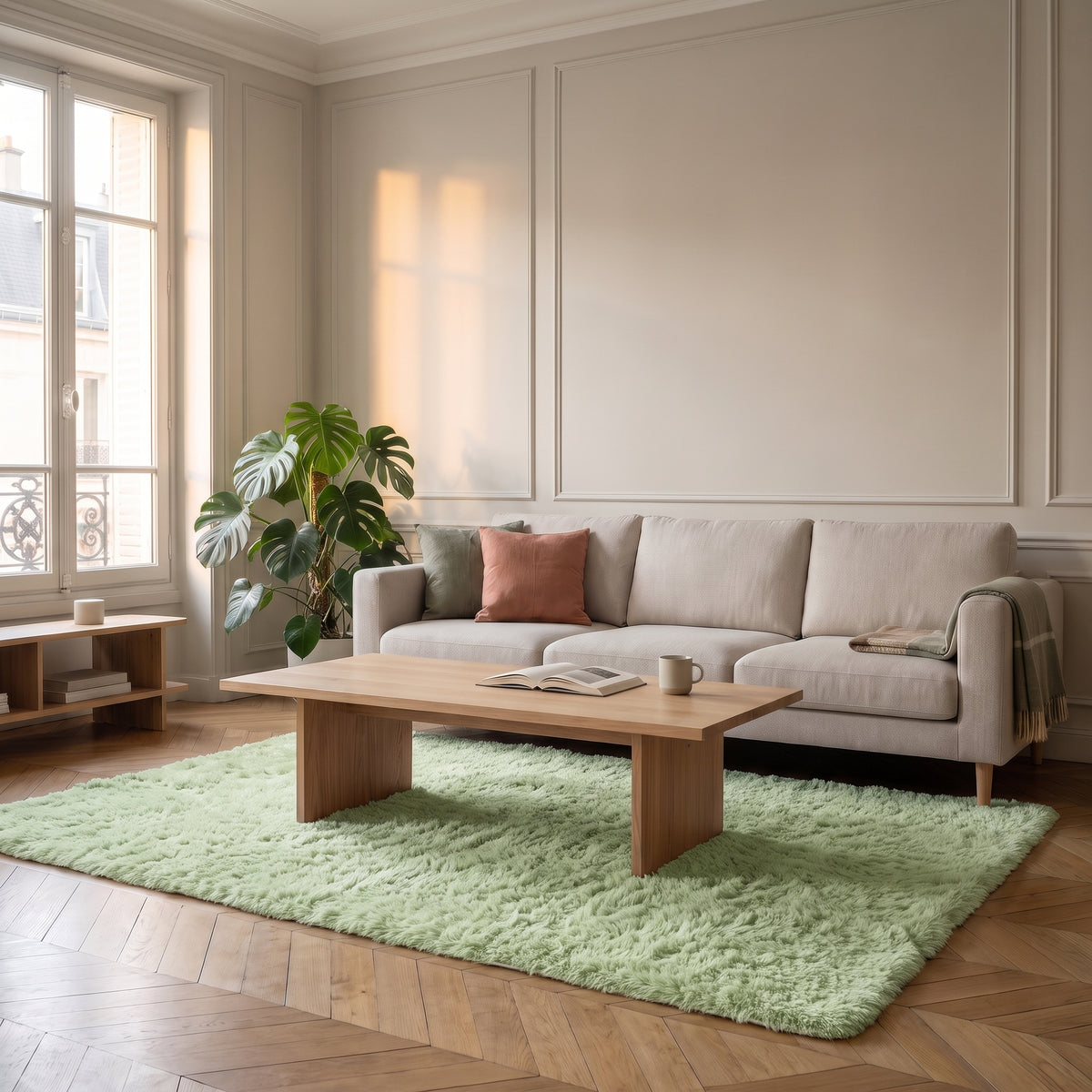 Tapis en fausse fourrure vert étendu dans un salon clair devant un canapé