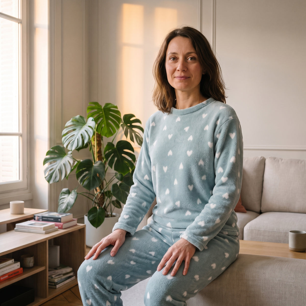 Femme assise sur le canapé en pyjama polaire vert d'eau semé de cœurs blancs, haut et pantalon
