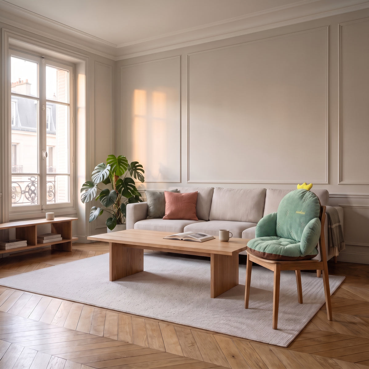 Coussin de chaise vert clair à motif cactus, installe sur une chaise en bois du coin repas