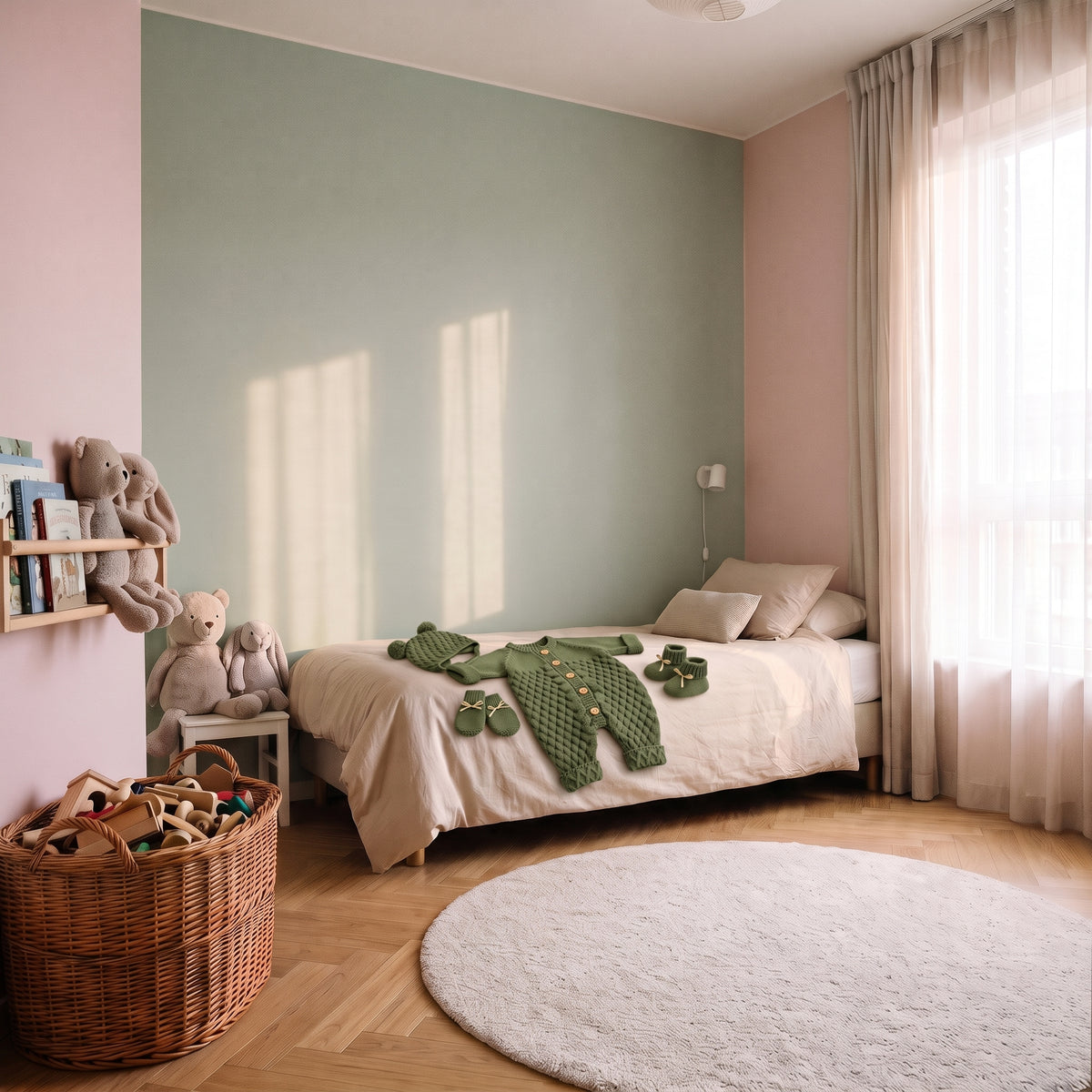 Barboteuse tricot vert sauge et ses accessoires sur le lit