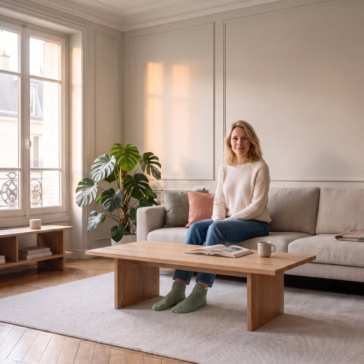 Chaussettes basses vertes à cœur doré portées aux pieds dans le salon