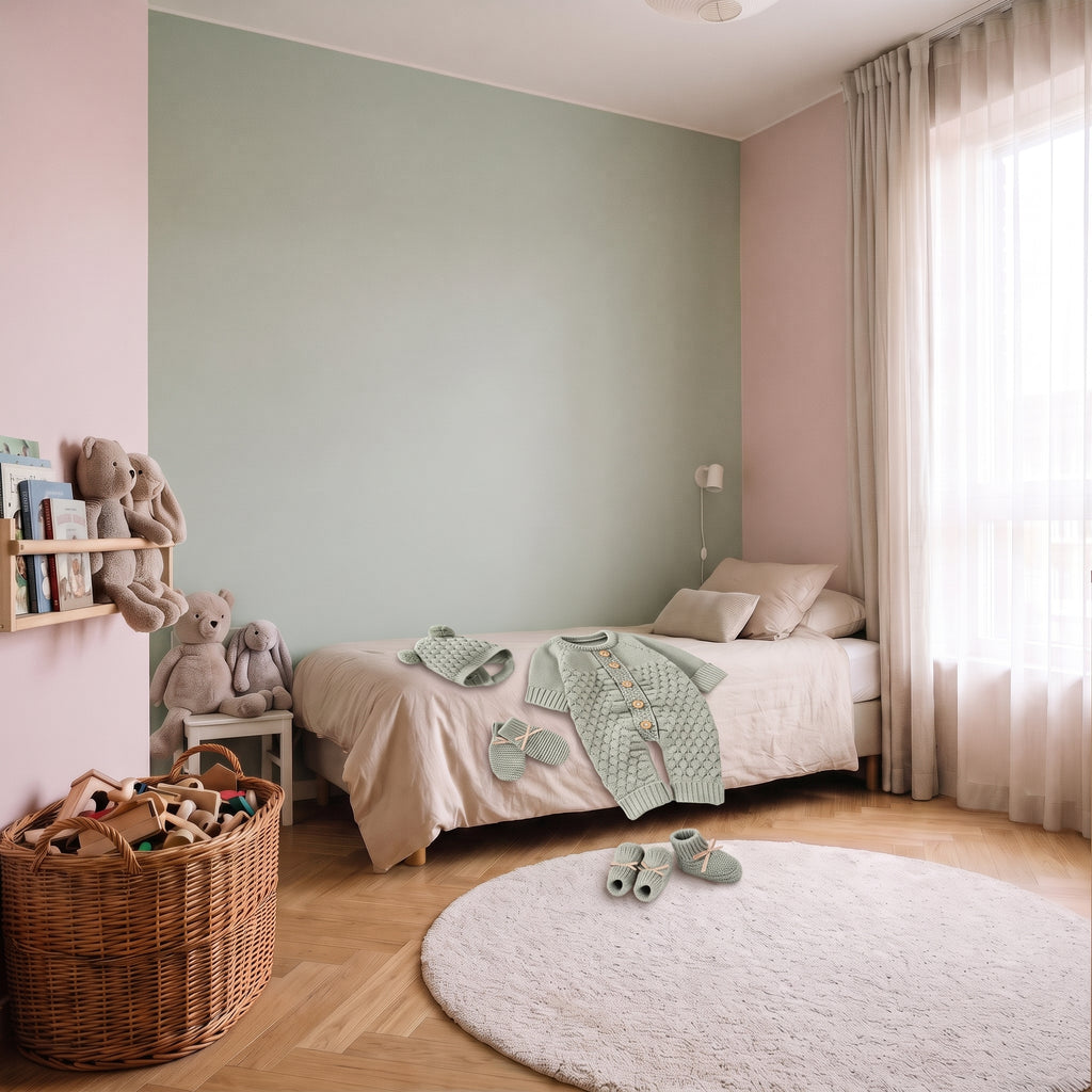 Barboteuse tricot vert d'eau et ses accessoires sur le lit